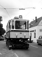 SSB Stuttgart__Zahnradbahn__So sah es dann etwas später aus: der Culemeyer Straßenroller rangiert mit Tw 101 in der Jahnstr.