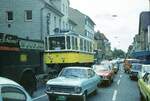 SSB Stuttgart__Zahnradbahn__Tw 101 auf dem Culemeyer Straßenroller in der Epplestraße in Degerloch.__30-05-1975