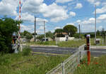 Ziemlich zugewachsenes Trassee bei einem Bahnübergang bei Les Croisées. Die Signalisation ist hier vollständig erhalten. Les Croisées, 4.6.2024