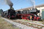 ex.SNCF Dampflok 141.R.568(Baldwin 1945)und ex.DR Dampflok 50 3673(Borsig 1941)nebeneinander in Luino/It.am 21.10.12