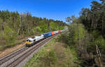 077 025 mit einem Containerzug am 11.04.2024 bei Regenstauf. 