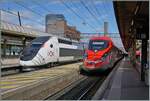 In Lyon Part Dieu stehen der SNCF INOUI TGV Rame 264 und der FS Treniatlia ETR 400 031. 13. März 2024