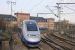 Am 03.04.2015 verlässt TGV Duplex 4707 als TGV 82 Frankfurt-Paris Est den Mannheimer Hbf.