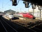 Einfahrt im Bahnhof Paris Gare du Nord. Auf der rechten Seite sehen wir ein SNCF-TGV und rechts ein Thalys-TGV.