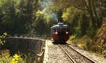 Im Gegenlicht: Der Billard-Triebwagen 213  des Train de l'Ardeche am 08.04.2017 in der Gorges du Doux