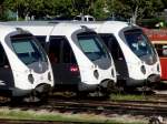 Frontansicht von drei Triebzgen des Typs AMG 800 der korsischen Bahngesellschaft CFC im Bahnhof Bastia am 20.09.2010.