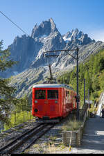 Chemin de fer du Montenvers am 27. August 2020<br>
Bhe 4/4 42 beim Verlassen der Bergstation.