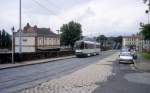 Saint-Étienne STAS SL 4 (modernisierter PCC-GTw) Rue Bergson / SNCF-Gare de la Terrasse im Juli 1992.