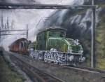 Manfreds Rail Art:  Krokodil auf Bergfahrt  (Ausschnitt); Acryl, ca. 30 x 42 cm; weitere Eisenbahnbilder auf Manfreds Rail Art: http://www.atelier-manf.ch/railart_home.htm

