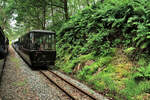 Die Ravenglass & Eskdale Schmalspurbahn in Nordwest-England: Salonwagen im Wald.