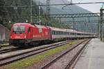 Einfahrt am 03.07.2018 von 1216 011 (E 190 011) mit dem EC 80 (Verona P. N. - Rosenheim) in den Bahnhof von Brennero. Nach einem Systemwechsel fuhr sie dann weiter in Richtung Innsbruck.