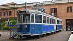 Tram 404 der Römer Straßenbahn, ausgestellt im Bahnmuseum Roma Porta San Paolo, aufgenommen am 21.05.2018.