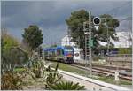 Der Gegenzug, der FS Trenialia FSE ATR 220 012 auf der Fahrt von Putignano nach Martina Franca erreicht als Regionale 92131 den Bahnhof Alberobello, beachtenswerd die schön Vegetation im linken