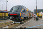 ETR 521, Zug 03 (Hitachi Caravaggio), vermarktet als  Rock , der Trenitalia (Ferrovie dello Stato Italiane | FS) steht auf dem Gleis- und Freigelände der Messe Berlin anlässlich des  Tags