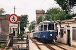 Tram Triest-Opicina__Tw 402 an der Aufnahme- bzw. Trennstelle vom Schubwagen am oberen Ende des Seilbahn-Abschnitts.__08-06-2008