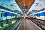 ETR 563 503-3  Cità di Udine  und ETR 563 507-4  Cità di Pordenone  präsentieren sich im Bahnhof Tarvisio Boscoverde gleich doppelt.
Aufgenommen am 1.5.2017.