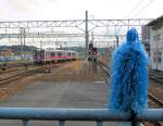 Serie 701 des Bezirks Akita: An vielen Orten im Bereich der Bahn stehen farbige Büschel wie hier in Akita.