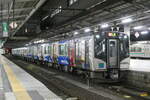 JR East Senseki- / Tôhoku Linie Nahverkehrszug mit Hybridtriebzug serie HB-E210, am Bahnhof Sendai.