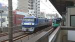 Der Güterzug mit E-Lok EF210-1 fährt am Bahnhof Ayase vorbei. Der Triebzug auf der rechten Seite ist die Tokyo Metro serie 16000. 12.05.2024