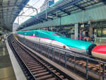 Ein Tohoku Shinkansen steht im Bahnhof Tokyo zur Abfahrt bereit in Richtung Shin-Aomori. Er ist mit einem Zug des Akita Shinkansen zusammengekuppelt. In Morioka werden die Züge getrennt und letzterer fährt in Richtung Akita weiter. Tokyo, 29.04.2024.