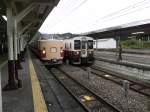 Nikko Station: Eine Series 183 Zug, der gerade Schulkinder in die wunderschne Stadt Nikko gebracht hat und ein dort auf der Nikko Line von Utsunomiya nach Nikko regulr verkehrender Zug der JR der 107 Series im Endbahnhof von Nikko.