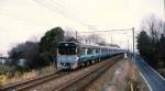 Nagoya U-Bahn, Tsurumai-Linie, Serie 3050. 10 6-Wagenzüge, Baujahr 1993 (2 Wagen Baujahr 1977). Bild: Zug Nr. 8 mit Endwagen 3858 auf der Strecke des Meitetsu-Konzerns in der Nähe der Stadt Toyota. Kami Toyota, 10.Februar 2007. 