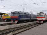 Drei verschiedene Farben der BR DR1A. Hier sind DR1A-172.3, DR1A-176.3 und DR1A-254.3 auf Bahnhof Riga Pasazieru zu sehen am 3-5-2010.