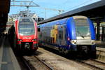 Regelmäßig kommt es im Luxemburger Hauptbahnhof zu Rendevouz von Doppelstock-Triebwagen von Stadler und Alstom: Am 27.04.2018 treffen sich der luxemburgische KISS 2313 und der französische Coradia Duplex Z 24671