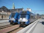 Zwei franzsische Triebzge nebeneinander im Bahnhof Luxemburg: 362 bereit zur Abfahrt nach Nancy, 365 ist gerade von Nancy angekommen.