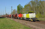 000 1506 und 275 027 der RBB rollten mit einem Silozug am 22.04.19 durch Muldenstein Richtung Bitterfeld.