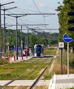 Die Wildnis in Luxembourg-Kirchberg - Leider hat man vergessen die im letzten Herbst angelegte Allee fr das Straenbahn Gleisbett zu pflegen, sodass sich der LUXTRAM S.A. CAF Urbos durch eine Wildnis aus Unkraut unweit der Haltestelle Universitit/Universit kmpfen muss. 06.07.2018 (Jeanny)