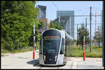Tram aus Luxexpo fährt am 24.5.2023 um 13.31 Uhr am Haltepunkt Pfaffenthal Standseilbahn ein.