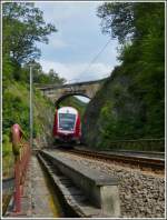 - Hohle Gasse - Auf der eingleisigen Strecke von Wiltz nach Kautenbach geht es stellenweise recht eng zu, wie hier in der Nhe von Merholtz, wo die RB 3214 Wiltz-Luxembourg sich am 04.07.2012 unter