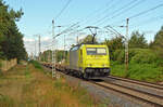 Mit einem komplett leeren Tragwagenzug rollte 186 111 der Alpha Trains am 12.09.24 durch Wittenberg-Labetz Richtung Falkenberg(E).