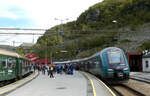 Reger Fahrgastwechsel zwischen dem R40 von Bergen nach Finse und dem Touristenzug von und nach Flam (links). Myrdal, 31.8.2024