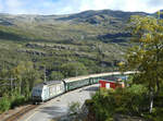 Lok El 18 2252 fährt mit dem Touristenzug von Flam in der Station Vatnahalsen kurz vor Myrdal ein.