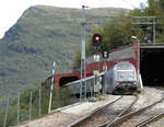 Da gehts ziemlich steil abwärts: der Touristenzug nach Flam mit der Schlusslok El 18 2254 hat den Bahnhof Myrdal soeben verlassen und rollt deutlich sichtbar abwärts (max.