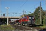 Die ÖBB 1116 237 verlässt mit ihrem Railjet nach Wien den Bahnhof von Bregenz, während im Hintergrund ein weiter  Taurus  rangiert.