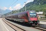 Nachschuss auf RailJet-Steuerwagen 80-90 701  Spirit of Salzburg , als dieser am 30.06.2018 zusammen mit der Zuglok 1116 219 als RJ 160 (Wien Hbf - Zürich HB) aus dem Bahnhof von Feldkirch in Richtung Buchs fuhr.