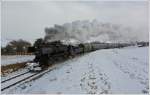 Die Strasshofer Dampflok 52.100, dampft mit dem Majestic Imperator, als Sonderzug 14370 von Korneuburg nach Ernstbrunn durch das winterliche Weinviertel.