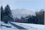 Noch kam die Sonne nicht ins Sázavatal als 431.032 (ex ÖBB 93.1360) am 11.1.2019 mit ihrem Pn 59237 von Benešov u Prahy nach Kolín kurz vor Samechov an uns vorbei fuhr.