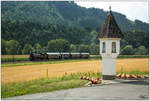 Die NBik Dampflok 93.1332 fährt für eine Englische Reisegruppe durch das wunderschöne  Görschitztal, fotografiert beim Selesenkreuz nahe Brückl.