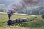 Die 93.1420 erklimmt gerade mit ihrem aus 4 Spantenwagen und einem Gepäckwagen bestehenden Zug den Mollmannsdorfer Berg.