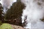 Optisch und akustisch ein Spektakel: Im August 1975 fahren zwei unbekannte 97er der Erzbergbahn mit einem beladenen Halbzug an der Feistawiese in den Zahnstangenabschnitt zum Präblichl ein
