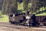 97.208 im Juni 1974 im Bahnhof Präbichl. Die Lok gehört zu den insgesamt fünf Lokomotiven dieser Reihe, die mit einem Giesl-Ejektor ausgerüstet wurden. Sie befindet sich heute im Eisenbahnmuseum Strasshof