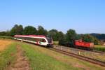 Nächst der Weiche 1 G bei Gasselsdorf treffen DH600.3 , 29.671 und ein GTW 2/8 aufeinander. Auf Höhe der ehemaligen Einfahrsignale des Bahnhofes Pöfing Brunn. 19.07.2015