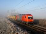 Die 2016 908 mit einem Bauzug am 23.02.2014 unterwegs bei Kimpling.