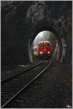 2043 005 bei der Abschiedfahrt von Linz nach Spitz auf der Donauuferbahn, hier bei der Durchfahrt des 12m langen Teufelsmauer-Tunnels nahe Spitz.  
27.11.2010