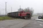 In einem engen Bogen bei leichtem Gefälle kreuzt die Anschlussbahn der Agrana Enns die Westbahnstraße über die hier am 6.1.2025 die ehemalige SLB V81 mit einigen leeren Wagen zum Rübenplatz im Bereich der ehemaligen Zuckerfabrik fährt.