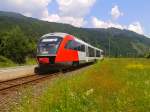 Nachschuss des abfahrenden 5022 027-4 als R 4814 (Kötschach-Mauthen - Villach Hbf) im Bahnhof Rattendorf-Jenig.